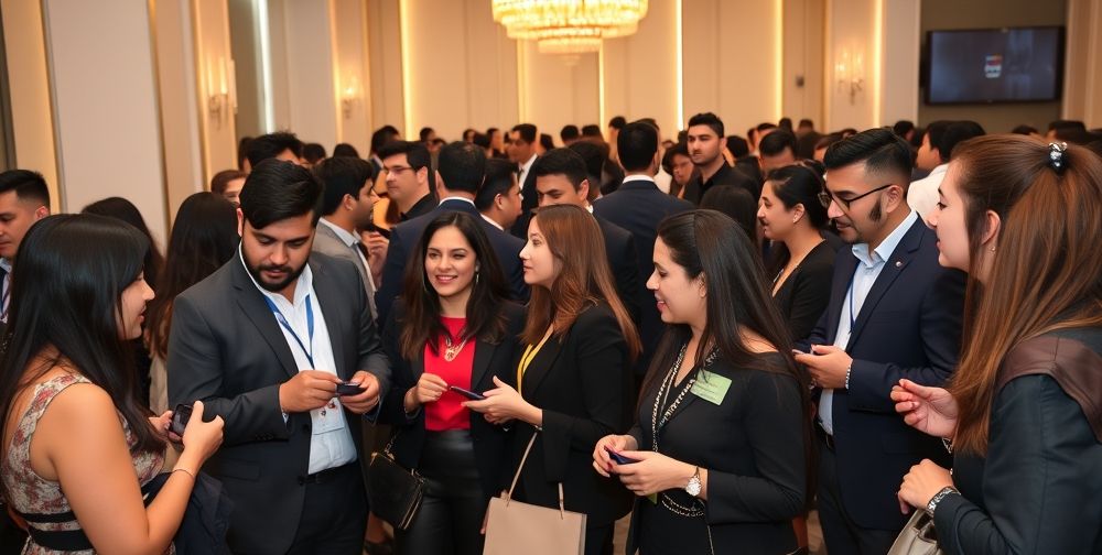An elegant indoor networking event with diverse Persian professionals dressed in modern, elegant business-casual outfits, engaging in lively discussions, exchanging business cards. Stylish décor, accent lighting, and technology gadgets reflect a future-forward society.
