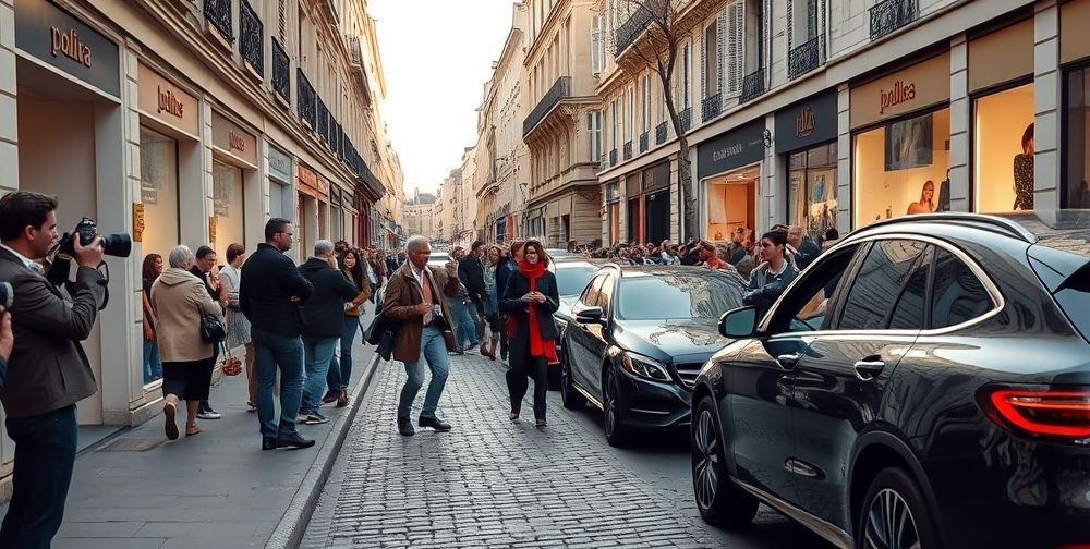 A bustling Parisian street scene during fashion week, with photographers, influencers in unique street style outfits, high-end boutique shop windows, and pedestrians eager to catch a glimpse of models exiting luxury cars.