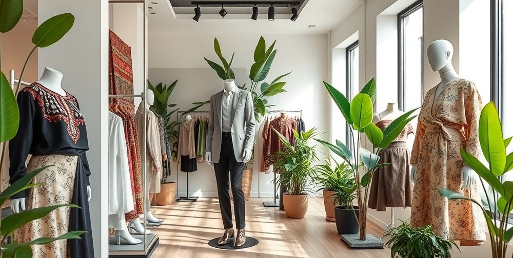 A modern boutique in Tehran, displaying eco-friendly clothing lines, mannequins dressed in contemporary Persian-inspired fashion, with recycled materials and green plants enhancing the atmosphere.