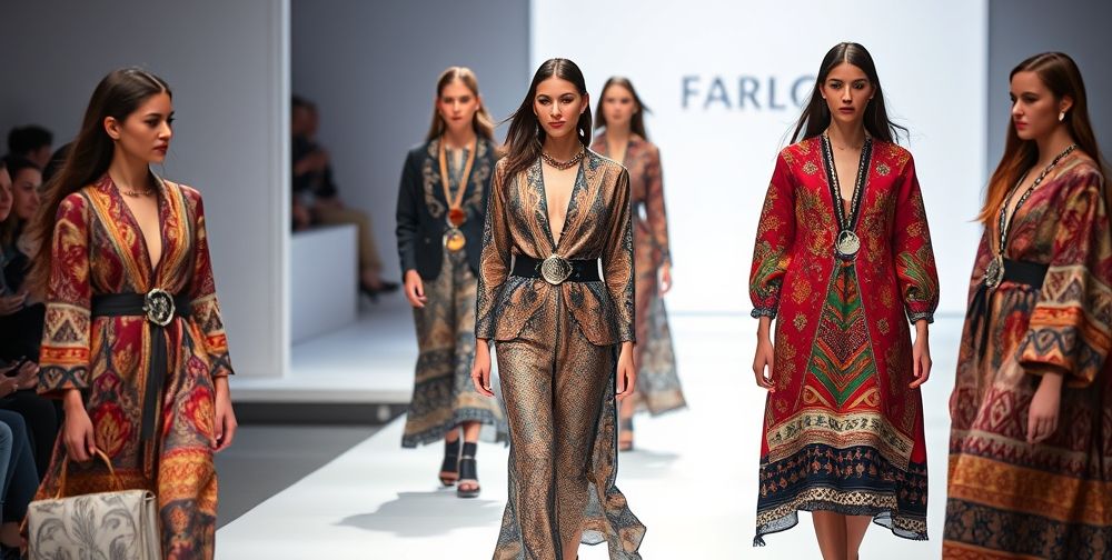 Contemporary fashion runway in Tehran, with models wearing modern outfits inspired by Persian tribal patterns and accessories, soft lighting, creative fusion of old and new styles.