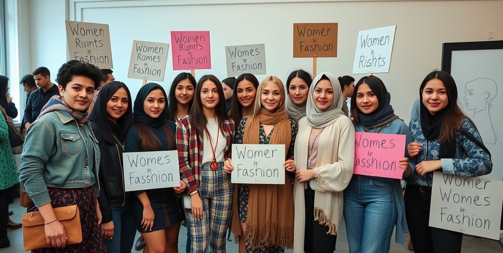 A group of diverse Iranian youths at a fashion event indoors, surrounded by sustainable fashion accessories, protest signs and art installations about women’s rights, showing unity and creative activism through clothing and style.