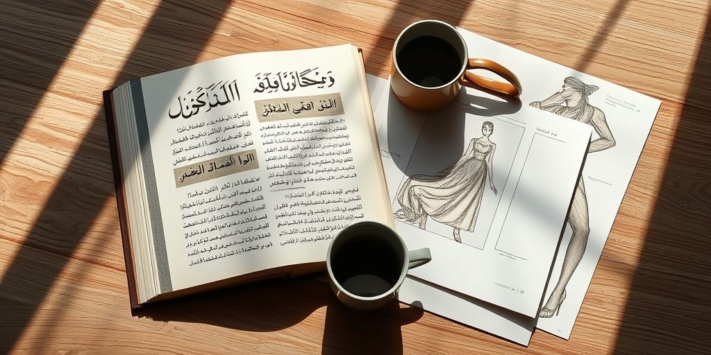 A modern philosophy book with Persian calligraphy overlaying sustainable fashion sketches, surrounded by organic fabric swatches and a reusable coffee cup, arranged on a minimalist wooden table.