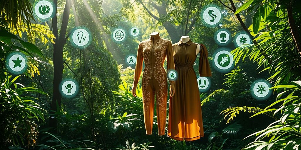 Futuristic clothing made from biodegradable materials floating in a green ecosystem, with digital ethics symbols holographically projected, blending nature and technology harmoniously.
