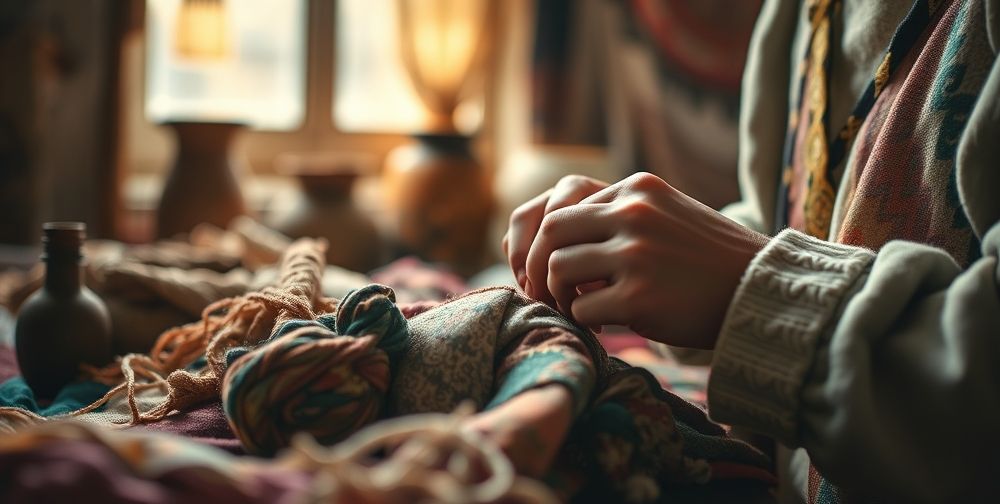 A detailed close-up of hands crafting eco-friendly fashion accessories in a small Iranian atelier: recycled fabrics, natural dyes, and sustainable techniques highlighting responsible design, all under soft daylight.