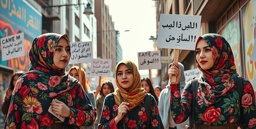 A vibrant editorial collage blending elements of Iranian street fashion—hijab, bold prints, protest signs—set against a lively urban Tehran street with a backdrop of mural art reflecting social change.