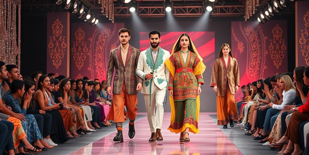 An expressive fashion runway moment: Iranian male and female models confidently showcase inclusive, gender-fluid designs—blending traditional and modern motifs—on a glamorous, inclusive catwalk before a diverse and engaged audience.