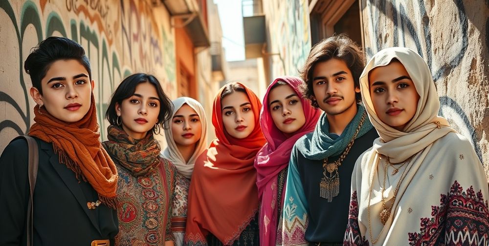 A detailed editorial photo featuring Iranian youth in an urban alley, mixing modern designer fashion with classic Persian accessories, expressive faces, natural sunlight highlighting colorful fabrics, showcasing generational contrast and cultural evolution.