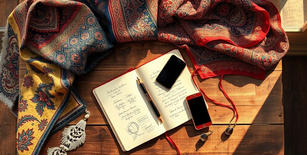 A stylized overhead shot of Persian textiles—embroidered scarves, vintage jewelry, designer sunglasses—arranged with a notebook and smartphone on a rustic wooden table, evoking creative dialogue between tradition and modern lifestyle.