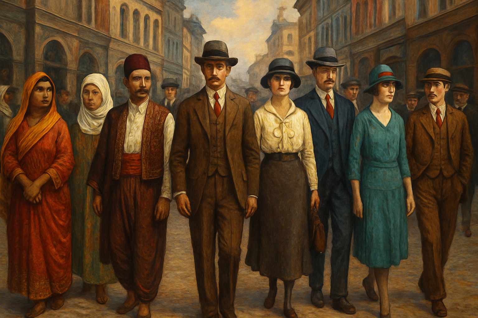 A vivid, detail-rich illustration of early 20th-century fashion evolution, featuring a period street scene with both men and women in changing attire, from traditional garments to emerging modern styles, symbolizing cultural transition.