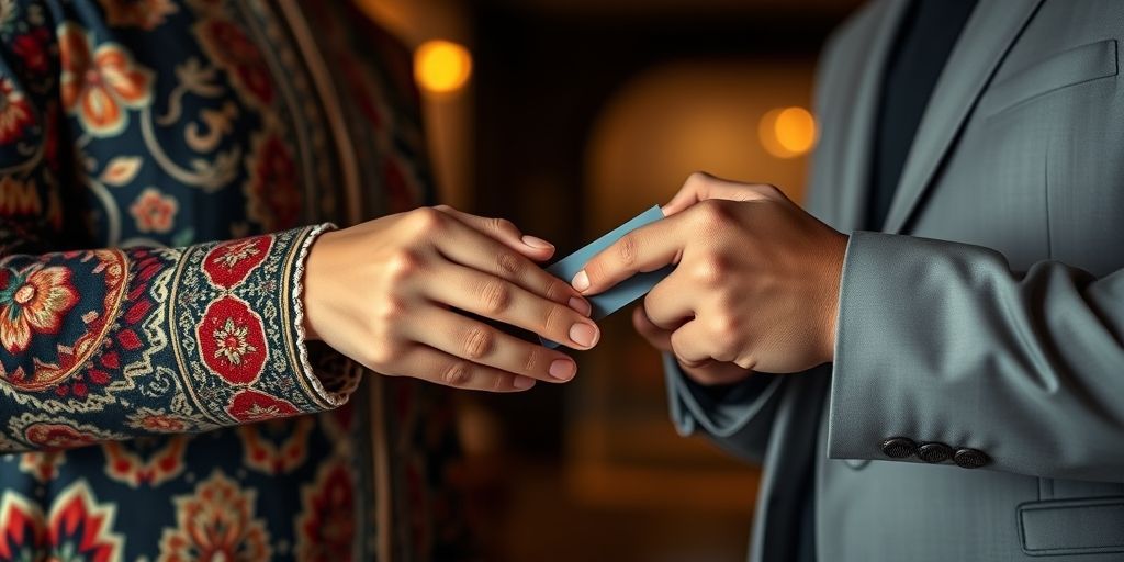 Close-up of hands exchanging business cards between two stylish Iranian professionals. One wears a modern take on traditional Persian embroidery, the other a minimalist suit. Focus on texture contrast and cultural fusion.