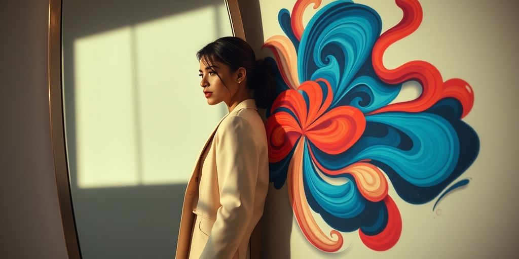 A reflective mirror showing a modern-dressed Iranian woman on one side and abstract representations of confidence, creativity, and authenticity on the other. Soft shadows and warm tones create introspective mood.
