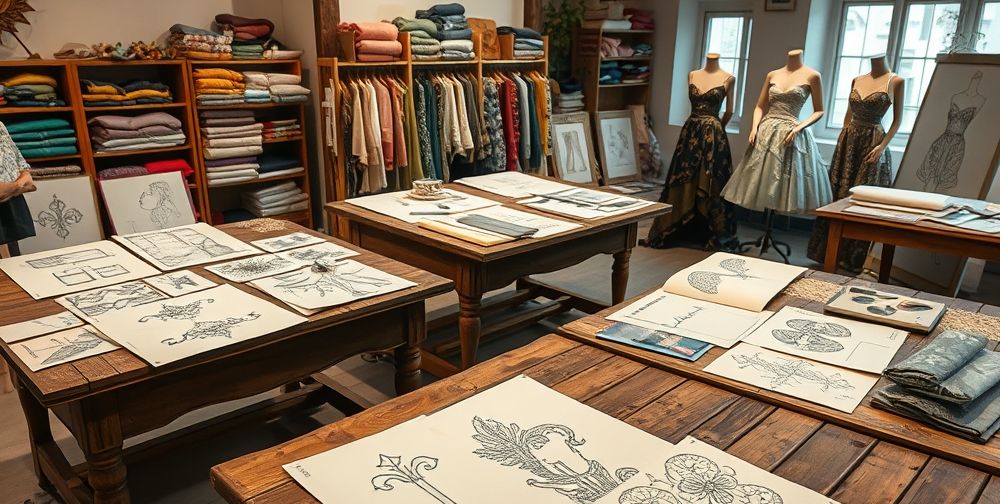 A detailed shot of a designer’s atelier with sketches, fabric swatches, and traditional French motifs blending seamlessly with modern fashion elements, showcasing cultural richness.