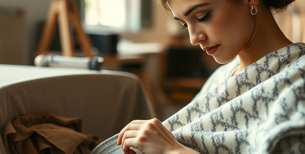 Close-up of a fashion designer working with traditional French textiles, integrating modern design techniques, illustrating innovation in craft and art.