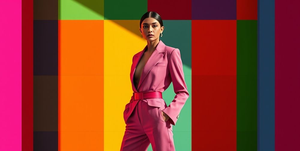 A high-resolution fashion editorial: a Persian model in a creative minimalist outfit stands against a bold background of geometric colored panels, the clothes’ cut and color psychology clearly highlighted, evoking confidence and individuality.