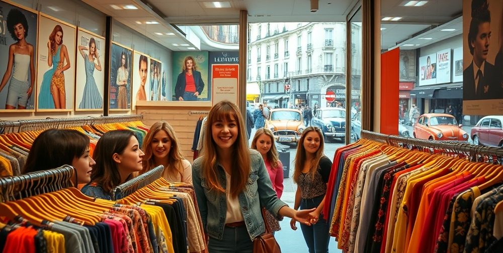 A lively French boutique in the 1970s, filled with young women shopping prêt-à-porter collections, colorful racks of clothes, iconic posters, and lively Parisian street views through large shop windows, reflecting a democratic fashion era.