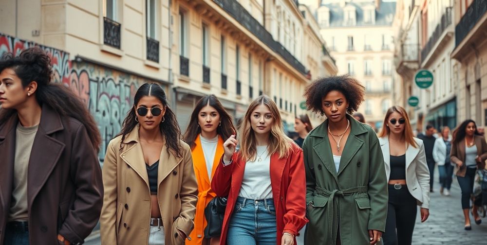 A vibrant Parisian street scene in the 2020s, with diverse young people in avant-garde, gender-neutral fashion, bold colors and modern textures, graffiti art in the background, and iconic French architecture under soft daylight.