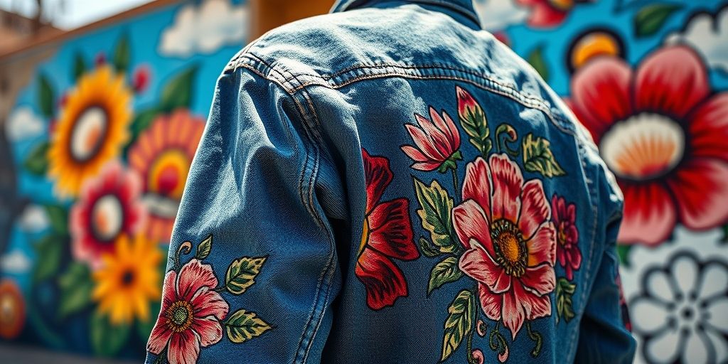 Close-up of a hand-painted Persian motif on a denim jacket, blending traditional patterns with contemporary streetwear. The background shows a vibrant Tehran mural addressing environmental awareness, illustrating cultural fusion in conceptual fashion.