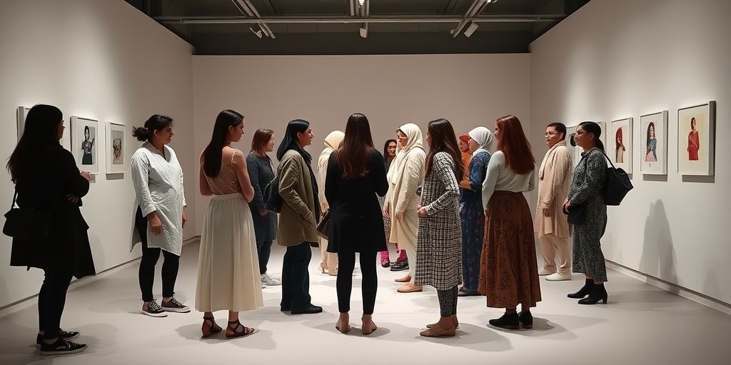 An interactive fashion installation in a Tehran gallery, featuring modular garments that attendees can rearrange. Participants from diverse backgrounds collaboratively create wearable art, symbolizing community-driven conceptual fashion.