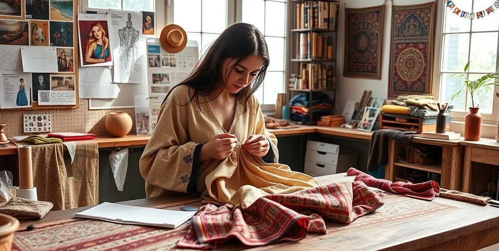 A creative Persian fashion studio: a designer hand-stitching a sculptural garment from recycled fabrics, surrounded by mood boards, sketches of conceptual clothing, silk threads, traditional calligraphic motifs, and samples, under soft daylight.