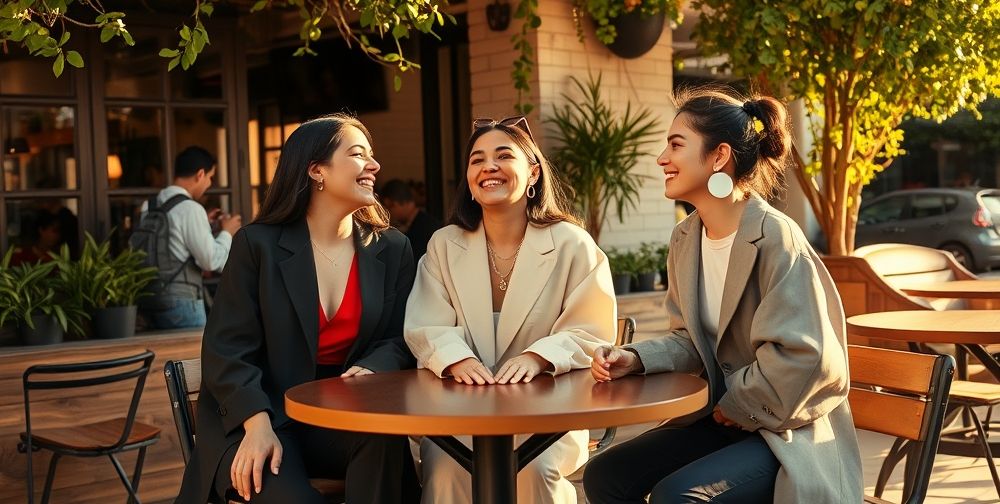 Three stylish young Iranians at a cozy outdoor café, each wearing conceptual minimalist ensembles (oversized geometric cuts, textural contrasts, iconic statement accessories) while interacting and laughing, sunlight highlighting unique fashion details and personal flair.