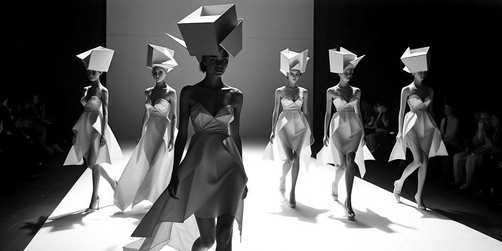 A dramatic black-and-white photo of a 1970s avant-garde fashion show featuring geometric paper dresses, models with sculptural headpieces casting sharp shadows, embodying deconstructivist art movements in fashion.