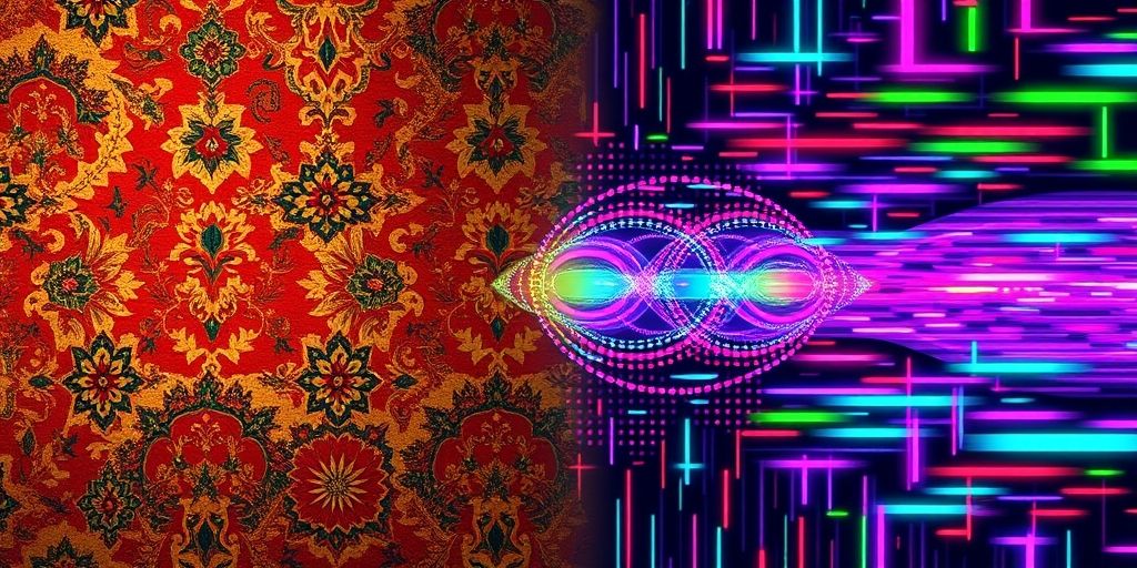 A split image showing traditional Persian fabric patterns merging with digital glitch effects, symbolizing the fusion of heritage and technology, vibrant colors transitioning into neon pixels.