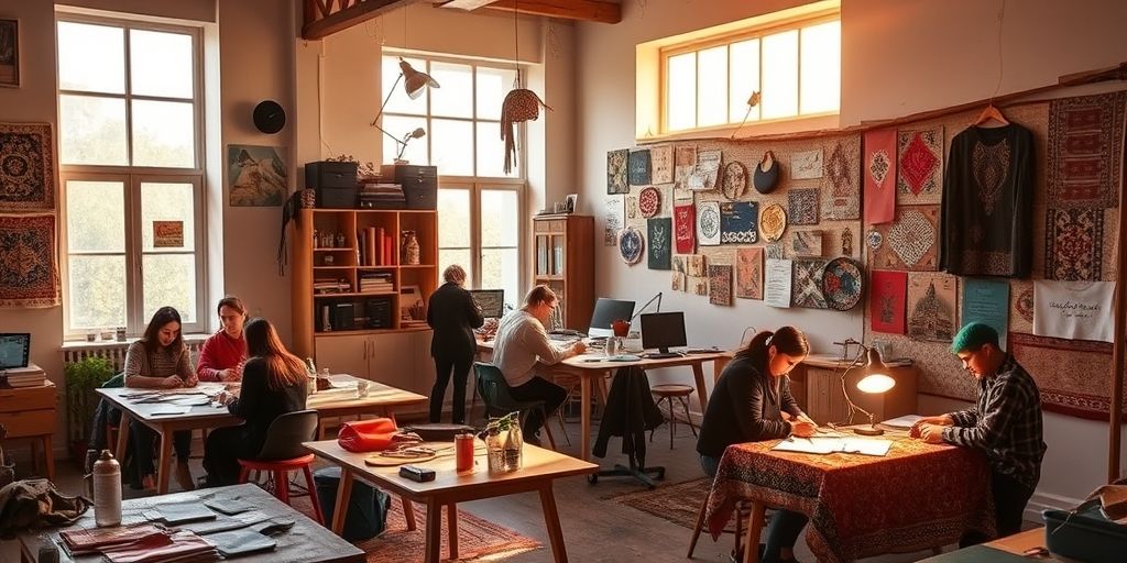 A collaborative workspace in Tehran where young Iranian designers create sustainable conceptual fashion using traditional Persian textiles and modern techniques, surrounded by mood boards with cultural motifs.