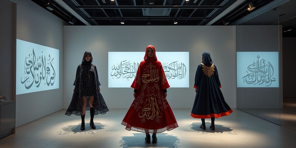 A futuristic fashion-tech installation in Iran blending wearable technology with traditional Persian calligraphy, creating interactive clothing that changes patterns based on movement, displayed in a minimalist space.