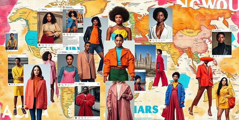 A digital collage featuring Instagram feeds, fashion magazine covers, and influencers from different cultures showcasing colorful conceptual outfits, all layered over a dynamic, map-themed background to symbolize global connections.