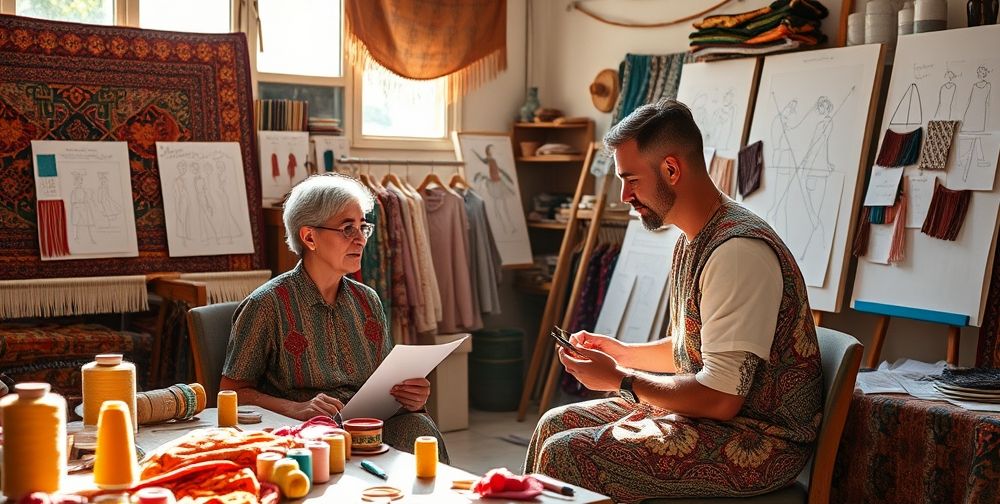 A heartfelt scene of an Iranian artisan collaborating with an international fashion designer, surrounded by traditional fabrics, embroidery tools, and moodboards, highlighting respect, dialogue, and the creative fusion of cultural heritage in conceptual fashion.