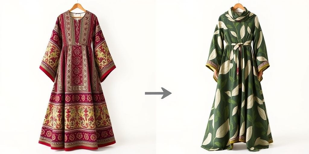 A split-image showing a traditional Persian chador transforming into a modern sustainable fashion design. One side features intricate Isfahan motifs, the other shows eco-friendly fabrics with plant patterns, illustrating cultural continuity and evolution.