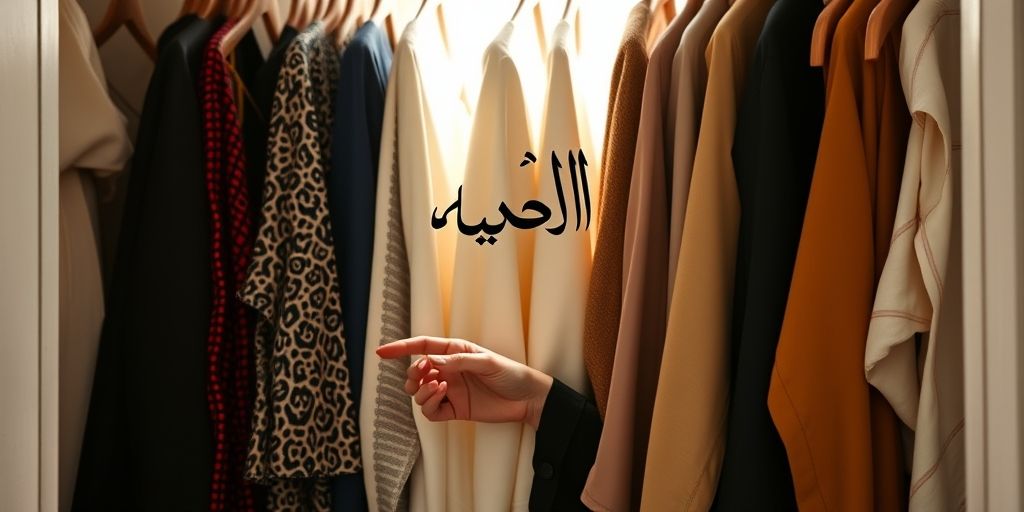 A Persian woman mindfully selecting garments in a sunlit wardrobe featuring both modern and traditional pieces. Soft focus on hands touching fabrics, with floating Persian calligraphy symbols representing intentionality and self-reflection.