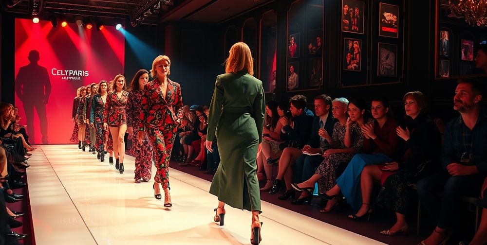 Elegant runway fashion show in Paris during the 1980s, models displaying bold patterns, broad shoulders, and iconic power suits under dramatic lighting, with a captivated audience highlighting the creative energy of the era.