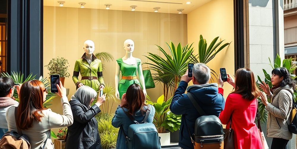 Vibrant Parisian boutique window in 2025, with mannequins in eco-friendly, tech-inspired fashion, pedestrians capturing photos on smartphones; lush plants decorate the storefront, symbolizing sustainable and innovative trends in modern French fashion.