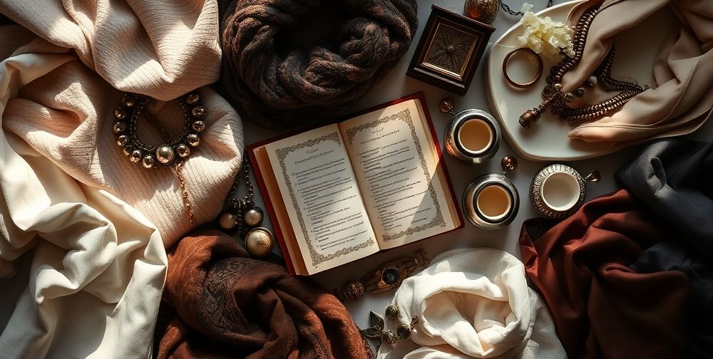 A detailed flat-lay of modern and vintage clothing items, accessories such as scarves and jewelry, with a Persian poetry book and traditional tea set artfully arranged, highlighting the fusion of tradition and modernity in style.