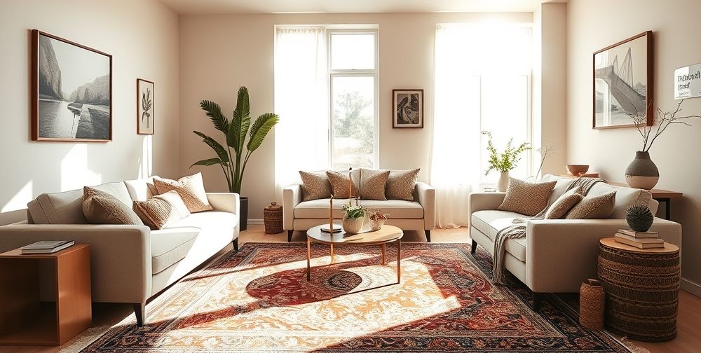 A cozy, sun-lit Iranian living room featuring elegant Persian rugs, modern minimalist sofas, and a set of carefully curated traditional and contemporary accessories, symbolizing how aesthetics integrate into lifestyle and home design.