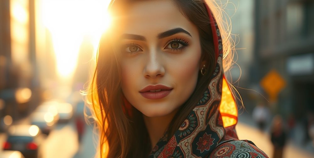 A close-up portrait of a young Persian woman, half-lit with warm sunlight, wearing a modern interpretation of traditional Iranian dress, surrounded by blurred city life background, capturing confidence, cultural beauty, and individuality.