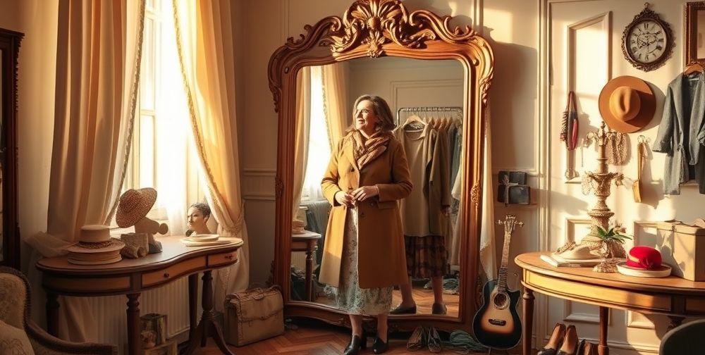 A cozy French home interior where a mother and daughter prepare stylish outfits together in front of an ornate mirror, surrounded by vintage accessories, symbolizing the generational sharing of fashion and tradition.