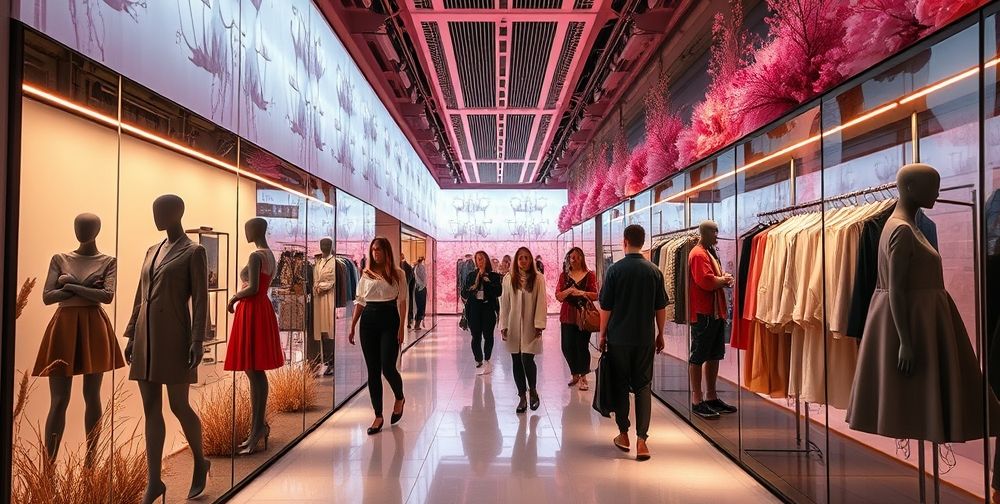 A futuristic Parisian fashion boutique where customers use smart mirrors, digital fitting rooms, and eco-friendly displays, merging tradition with innovation and sustainability, representing the future of French social fashion.