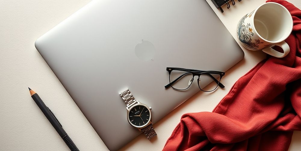 A desktop flat-lay featuring essential, modern accessories (sleek watch, minimalist glasses, chic scarf), stacked on an open laptop, next to a chic Persian coffee cup, symbolizing work-life-style blend.