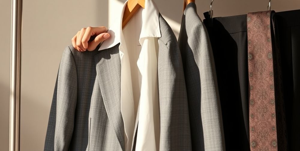 A stylized, close-up shot showing a hand selecting versatile neutral clothing pieces (white shirt, gray blazer, black pants) from a minimalist wardrobe rail, with subtle Persian patterns on accessories.