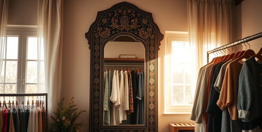 A cozy interior scene with clothes neatly organized; soft neutral tones, natural lighting, a Persian mirror reflecting the outfit choices, showing the process of mindful and joyful style selection.