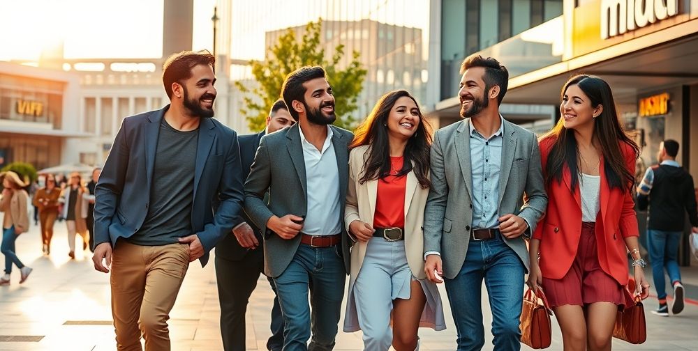 A candid photo of a group of Iranian friends laughing and walking together in a stylish city center, each with a distinct, contemporary style, expressing confidence, friendship, and happiness in their modern outfits.