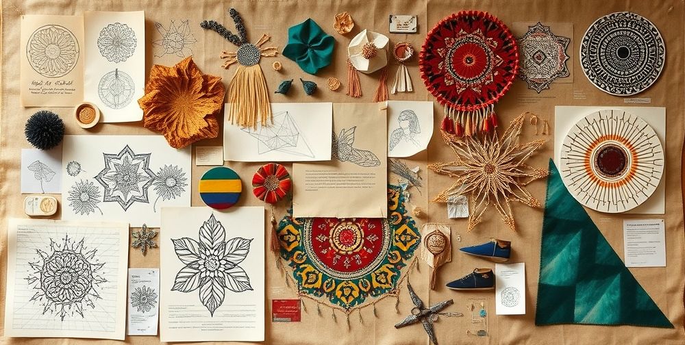 A creative mood board displaying sketches, recycled materials, and smart textiles beside digital art elements, representing the fusion of traditional Persian motifs with futuristic design in modern conceptual fashion.