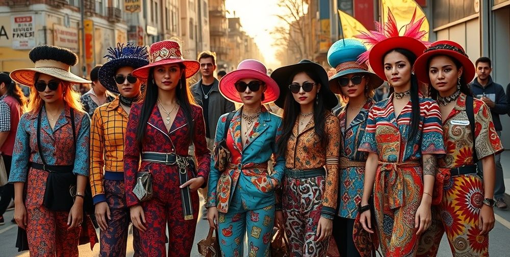 A vibrant street fashion scene in Tehran, showing a diverse group of young people wearing conceptual outfits that blend bold patterns, recycled fabrics, and statement accessories, highlighting the multicultural and expressive nature of conceptual fashion.