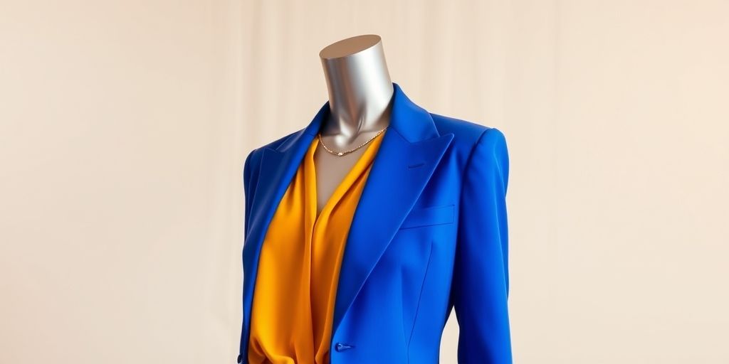 A stylish mannequin wearing a bold complementary color outfit: a vibrant cobalt blue blazer paired with a rich mustard yellow top, accessorized with minimalist gold jewelry, against a neutral background to highlight the color contrast.