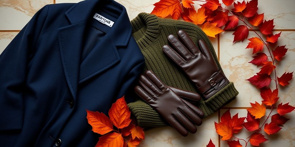 A curated selection of fashion items in Pantone Fall/Winter 2025 colors: a deep sea blue coat, an olive green cashmere sweater, and chocolate brown leather gloves arranged artistically on a marble surface with autumn leaves.