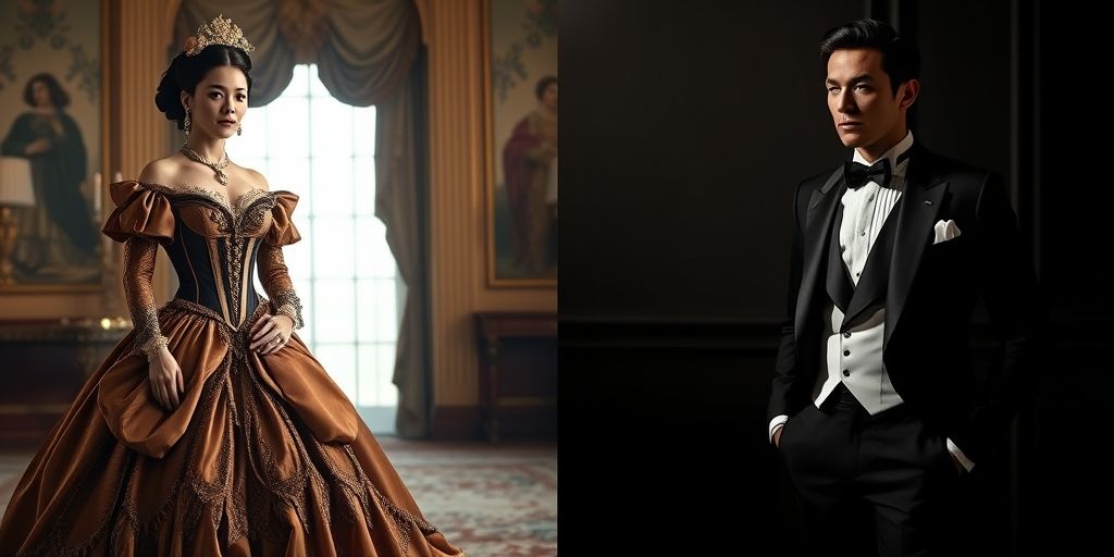 A split image showing contrasting fashion aesthetics: left side features an elaborate 19th-century Victorian gown with corset and voluminous skirt in rich fabrics, right side shows a modern, minimalist Yves Saint Laurent Le Smoking tuxedo suit, highlighting the evolution of beauty standards in fashion history.