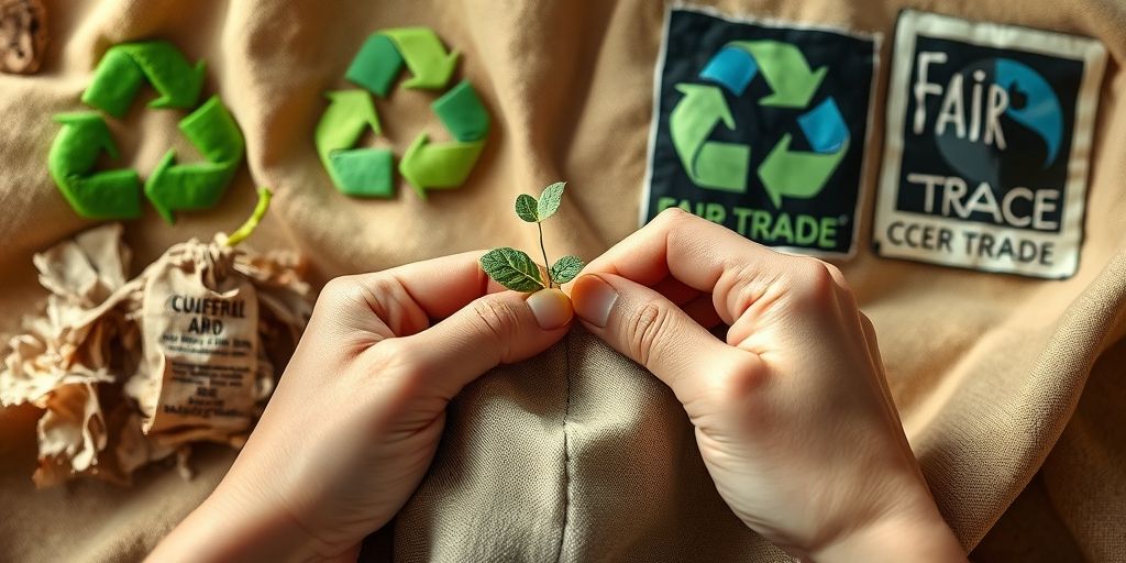 A pair of hands carefully mending a garment with visible stitching, surrounded by symbols of sustainability: a growing plant sprouting from fabric scraps, a recycling icon, and fair trade certification label, representing the ethical philosophy behind sustainable fashion practices.