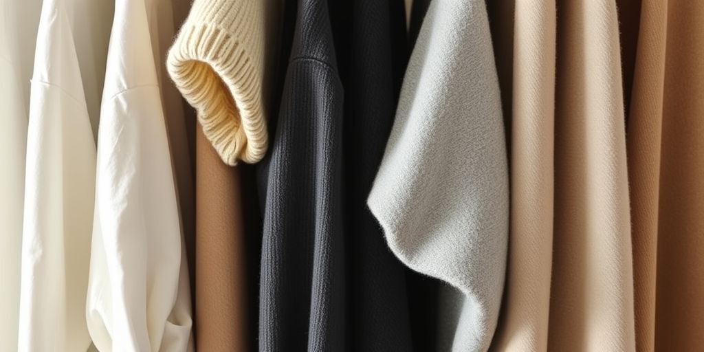 A close-up of a curated palette of neutral colors in a wardrobe, featuring whites, beiges, navies, and charcoals, alongside textured fabrics like wool and cotton, bathed in soft natural light.